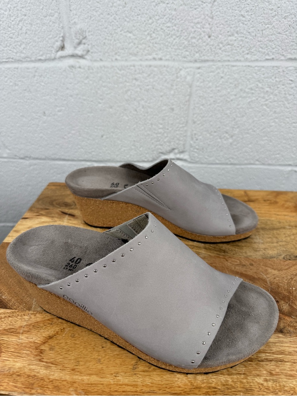 Papillio by Birkenstock Namica Wedge Leather Sandals Grey Studded EU 40 US 9